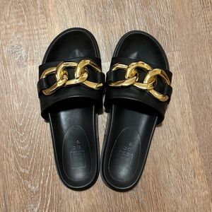 Black and Gold Slide Sandals